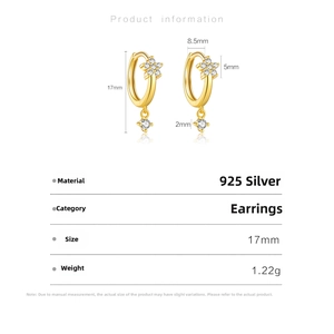 Detailed size specifications of S925 sterling silver star hoop earrings with dimensions