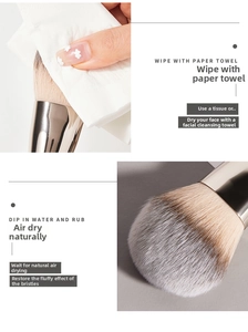 Detailed guide showing cleaning steps for powder brush with soft bristles and metal ferrule