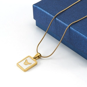 18K gold-plated stainless steel square Taurus zodiac necklace with snake chain detail