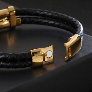 Bracelet double en cuir tressé noir pour homme avec fermoir magnétique en acier doré