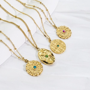 Vintage 14K gold plated stainless steel coin necklace set with colorful crystal gems