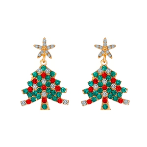 Exaggerated golden Christmas tree earrings with colorful rhinestones for women