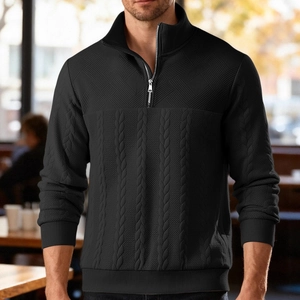 Men's retro black knit sweater with quarter-zip stand collar and mixed texture patterns