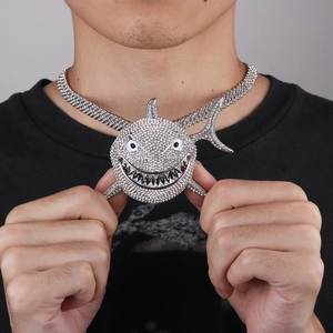 Hip Hop Shark Pendant Necklace Iced Out Rhinestone Alloy Cuban Link Tennis Chain Retro Fashion Jewelry Unisex