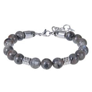 Detail of 8mm map stone beaded bracelet with stainless steel lobster clasp and chain