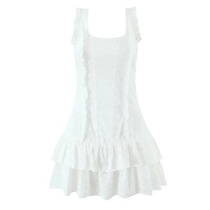 Weißes Baumwoll Mini Kleid Mit Lochstickerei Ärmellos Rüschen Gestuft Schnürung Eckiger Ausschnitt Sommer