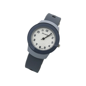 Minimalist quartz watch with grey textured dial and durable charcoal silicone strap