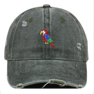 Close-up of vibrant parrot embroidery on distressed dark grey washed cotton baseball cap