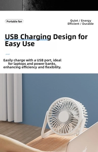 Detail of white portable USB desk fan with adjustable stand for office and home use