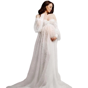 Elegant white mesh maternity photography dress with pearl beading and off-shoulder long sleeves