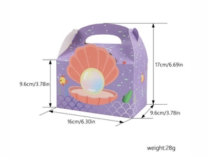 Detailed size chart for the mermaid theme purple gift box showing 16x9.6x17cm dimensions