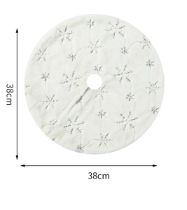 Detailed view of 38cm white plush Christmas tree skirt with silver sequin snowflakes