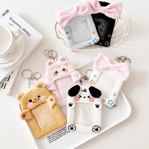Plush Card Holder Kawaii Animal Photo Card Protector With Keychain Bear Rabbit Dog Star Embroidery Bow For Idol Card
