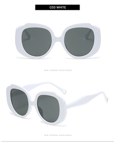 Close-up of white round oversized sunglasses in front and 45-degree angle views