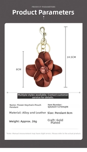 Detailed specs of brown leather camellia flower keychain with gold-plated alloy clip