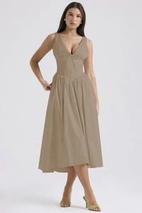 Detailed view of the V-neck tailoring and pleated waist design on this khaki maxi dress