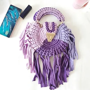 Handmade purple crochet crossbody bag with gradient fringe tassels and gold clasp