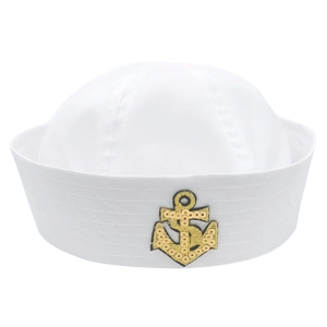Detail of white canvas sailor hat featuring a gold sequined anchor embroidered badge