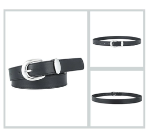 Macro view of black PU leather belt with polished silver buckle from multiple angles