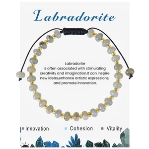 Detailed view of grey labradorite beaded bracelet with adjustable black woven cord and card