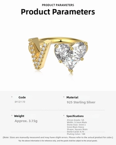Detail specifications of 925 silver ring featuring V letter heart zircon and 18K gold plating