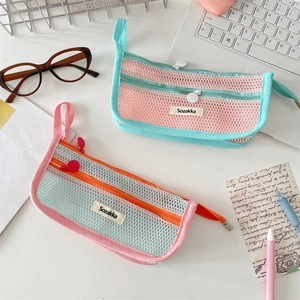 Dual-layer mesh pencil case with colorful zippers and portable nylon handle for stationery