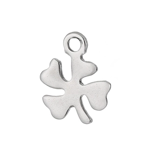 Polished stainless steel four-leaf clover pendant with top loop on white background