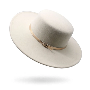Flat Top Wide Brim Boater Hat With Gold Belt Buckle Retro Felt Jazz Fedora For Men Women Elegant Adjustable Sun Hat