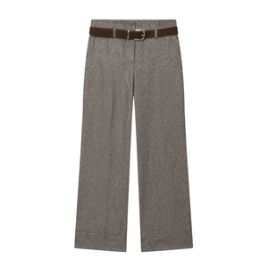 High Waist Wide Leg Trousers With Belt Herringbone Textured Straight Casual Office Elegant Fashion Pants For Women
