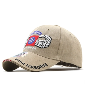 Detail of 82nd Airborne Division embroidery on khaki tactical cotton baseball cap