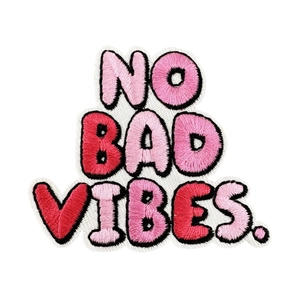 Pink cartoon 'NO BAD VIBES' leopard embroidery patch for DIY clothing decoration