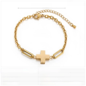 Macro shot of gold stainless steel bracelet with cross pendant and 180mm dimension marks