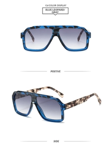 Blue leopard pilot sunglasses with gray gradient lenses shown in front and side views