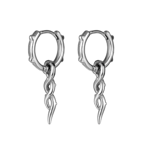Silver stainless steel twisted flame pendant earrings with hoop buckles on white background