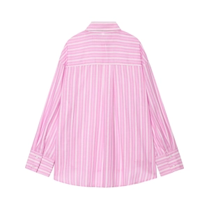 Flat lay back view of a pink and white striped long sleeve shirt with premium fabric texture