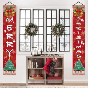 Red Merry Christmas porch banners with snowflakes and bells for festive home door decor