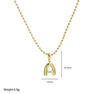 Golden 18k brass bubble letter A pendant necklace with pearl on ball chain 21.5mm