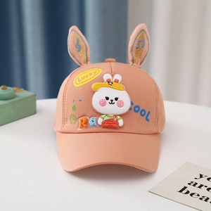 Detail of baby pink cotton baseball cap with 3D rabbit ears and Lucky embroidery