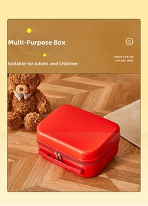 Macro shot of a red glossy hardshell 14-inch small suitcase with silver zipper and handle