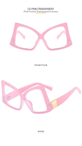 Front and side view of pink oversized butterfly glasses frames with gold accents