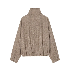 Giacca da donna in tweed a spina di pesce marrone con collo alto e orlo elastico, retro