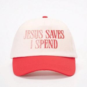 Two-tone beige and red baseball cap featuring embroidered JESUS SAVES I SPEND slogan