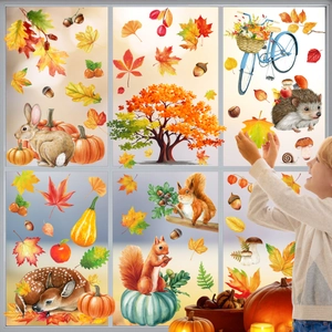 Stickers de fenêtre Thanksgiving avec feuilles d'automne, citrouilles et animaux de la forêt