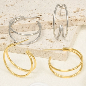 French Style 304 Stainless Steel Double Layer Hoop Stud Earrings For Women Minimalist Geometric Gold Silver C Shaped Jewelry