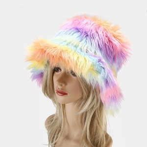 Colorful rainbow faux fur bucket hat featuring a trendy long-hair shaggy plush texture