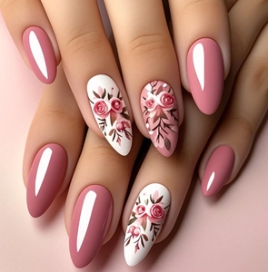 Macro view of almond nails with pink rose art and soft purple solid color finish