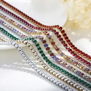 Women Tennis Necklace Stainless Steel 18K Gold Plated Colorful Square Zircon Geometric Luxury Jewelry Fashion Accessory