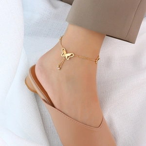 Elegant 18k gold butterfly anklet with long tassel and shiny rhinestone details