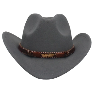 Grey western cowboy hat with brown braided band and golden feather metal ornament