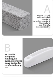 Macro detail of porous pumice stone and ergonomic PP handle for toilet bowl cleaning